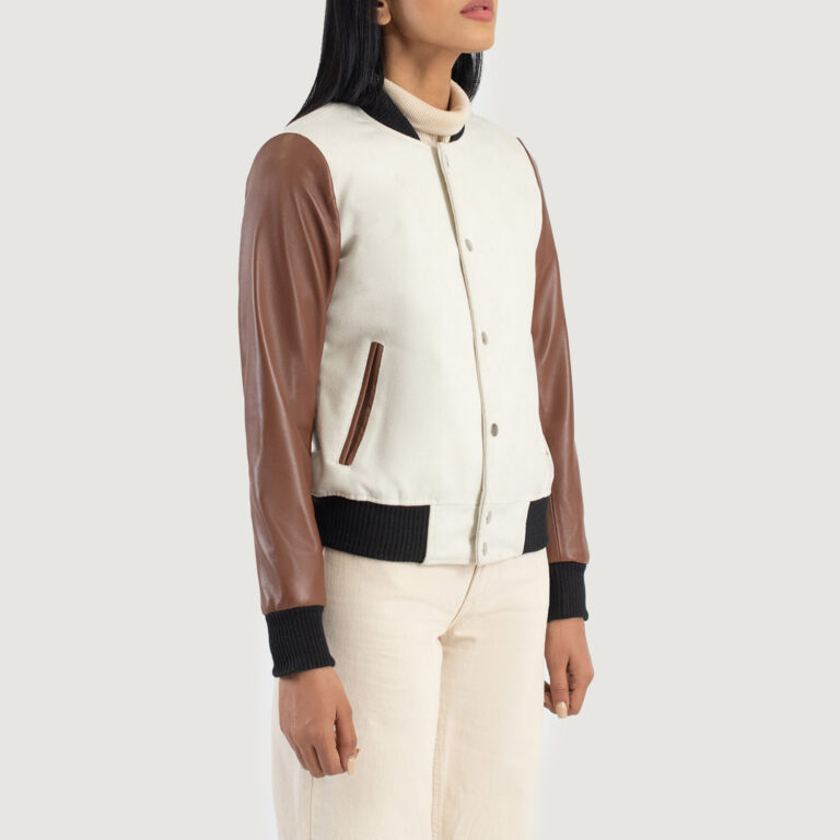 Womens Savant Brown Hybrid Varsity Jacket Side Pose-3-1686936302593